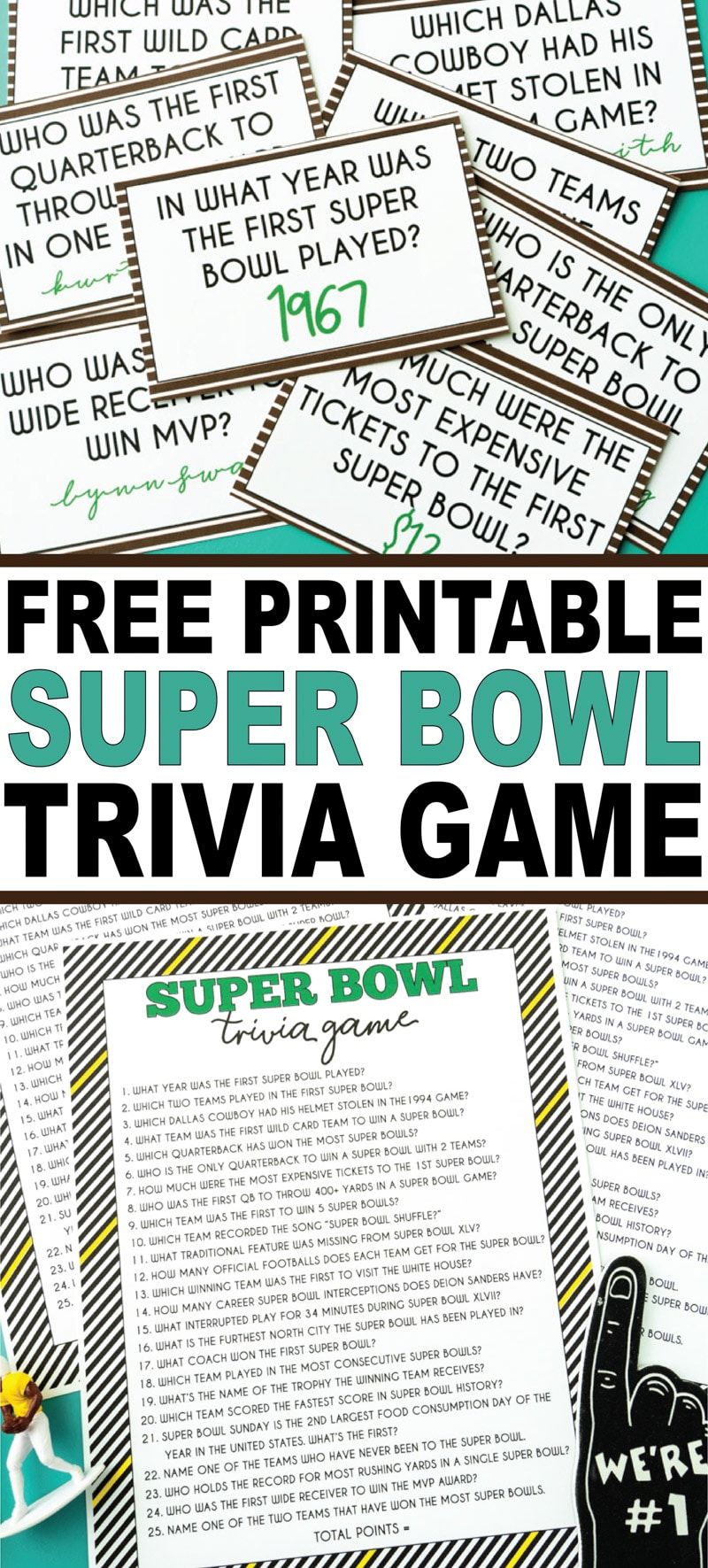 Un divertit joc de trivialitat del Super Bowl amb una versió de joc imprimible i cartes imprimibles per demanar abans i després del joc. Un dels millors jocs de festa del Super Bowl.