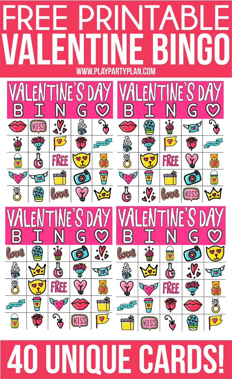 Čtyři karty bingo na Valentýna v jednom obrázku