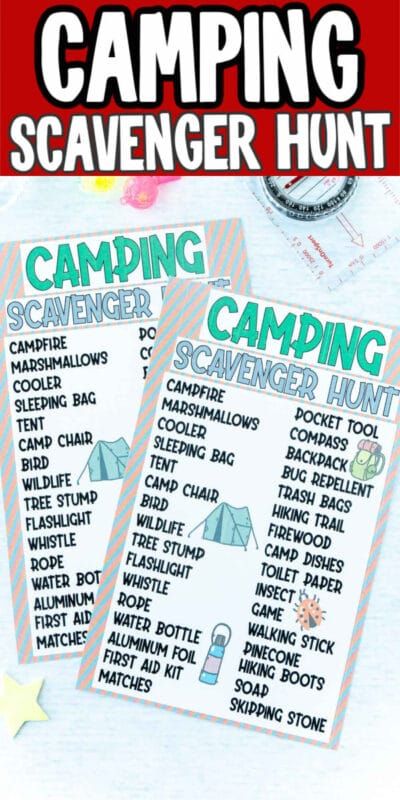 Dues caces del campament amb accessoris de plàstic i text per a Pinterest