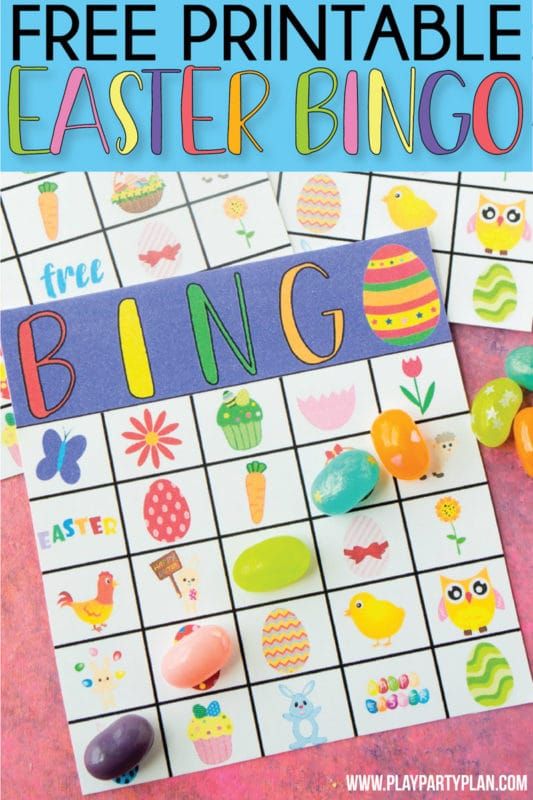 Joc de bingo de Pasqua per imprimir gratuït que funciona molt bé per a nens en edat preescolar fins a cartes per a adults. Inclou 40 cartes úniques i un munt de premis divertits per a nens o adults.