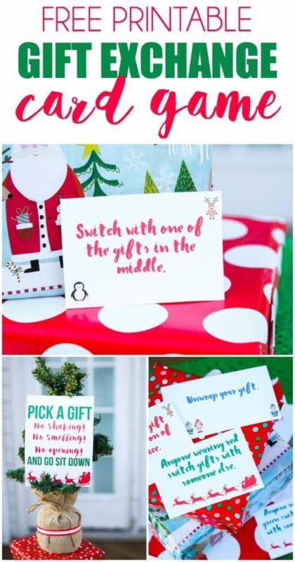 Elsker denne morsomme vrien på tradisjonelle gaveutvekslingsspill! Gratis utskrivbare kort som du kan bruke til å bytte gaver og noen til og med morsomme gaveideer hvis du trenger noen ideer.