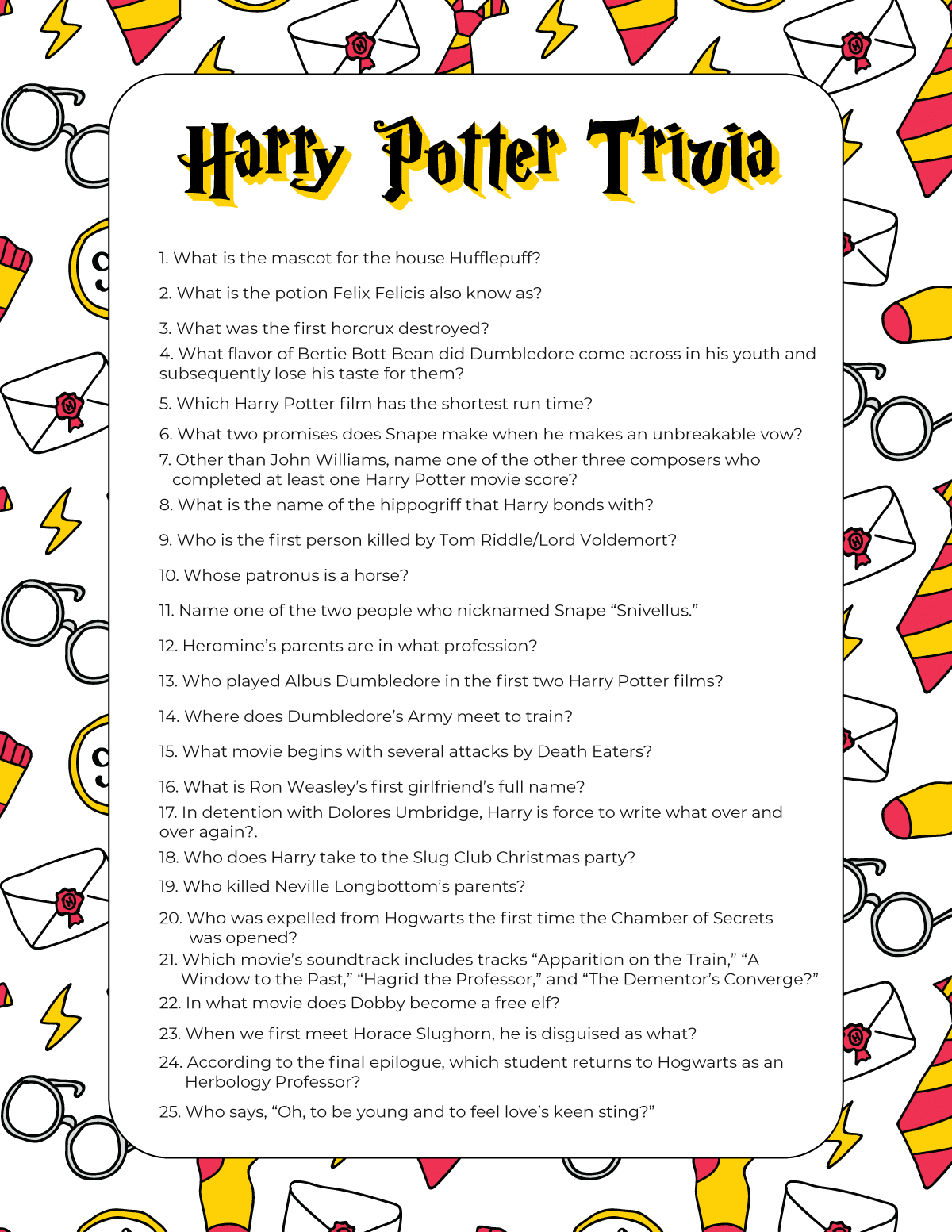 Beyaz bir arka planda Harry Potter trivia soruları