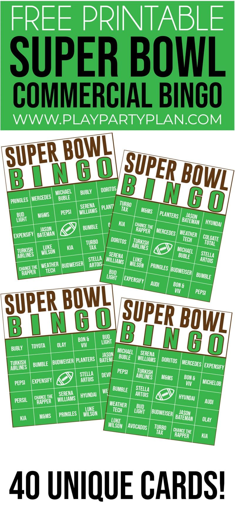 ¡Este bingo comercial del Super Bowl es uno de los mejores juegos de fiesta del Super Bowl! ¡Perfecto para niños o adultos!