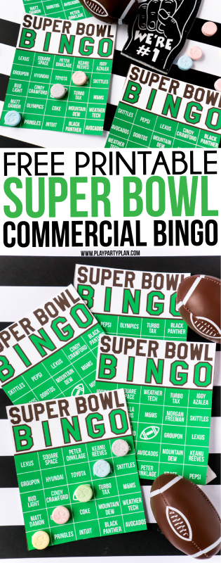 Essas cartelas de bingo comercial do Super Bowl são um dos melhores jogos de festa do Super Bowl de todos os tempos! Basta imprimir os impressos, distribuir no domingo do Super Bowl, assistir aos comerciais engraçados (e não tão engraçados) e peças! Uma das nossas ideias favoritas para a festa do Super Bowl!