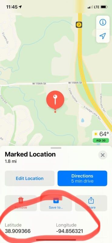 Apple Maps ekrānuzņēmums ar GPS koordinātām apli