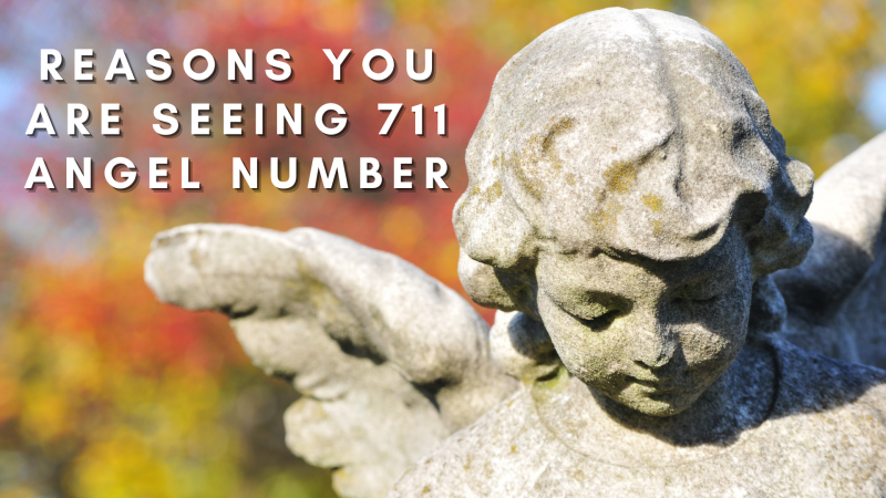   Una estatua de ángel con palabras Razones por las que estás viendo 711 Número de ángel