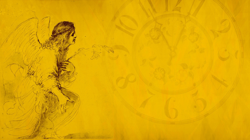   Một bức vẽ mô tả một thiên thần và một chiếc đồng hồ.