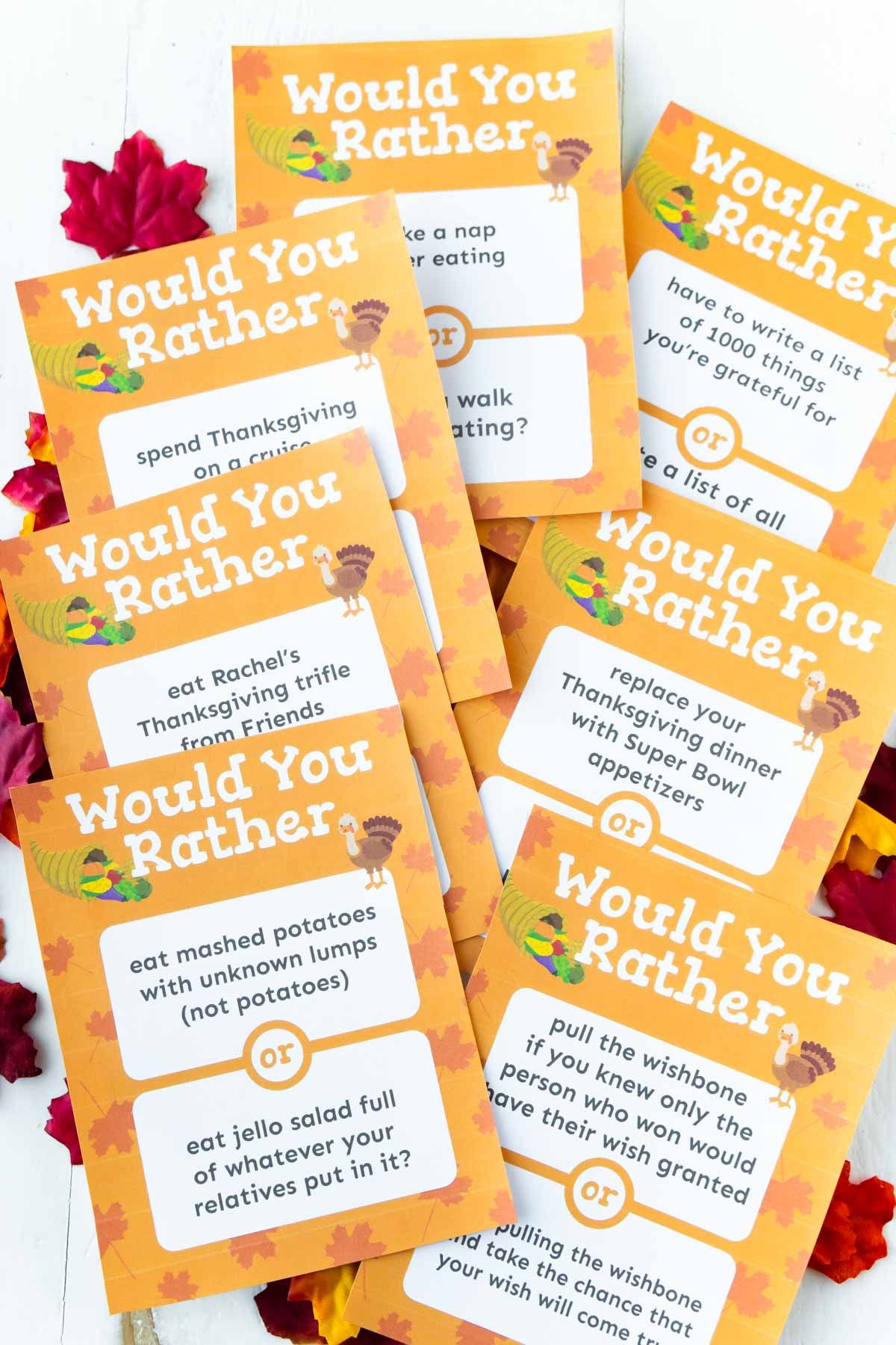 Un conjunto de preguntas impresas sobre el Día de Acción de Gracias.