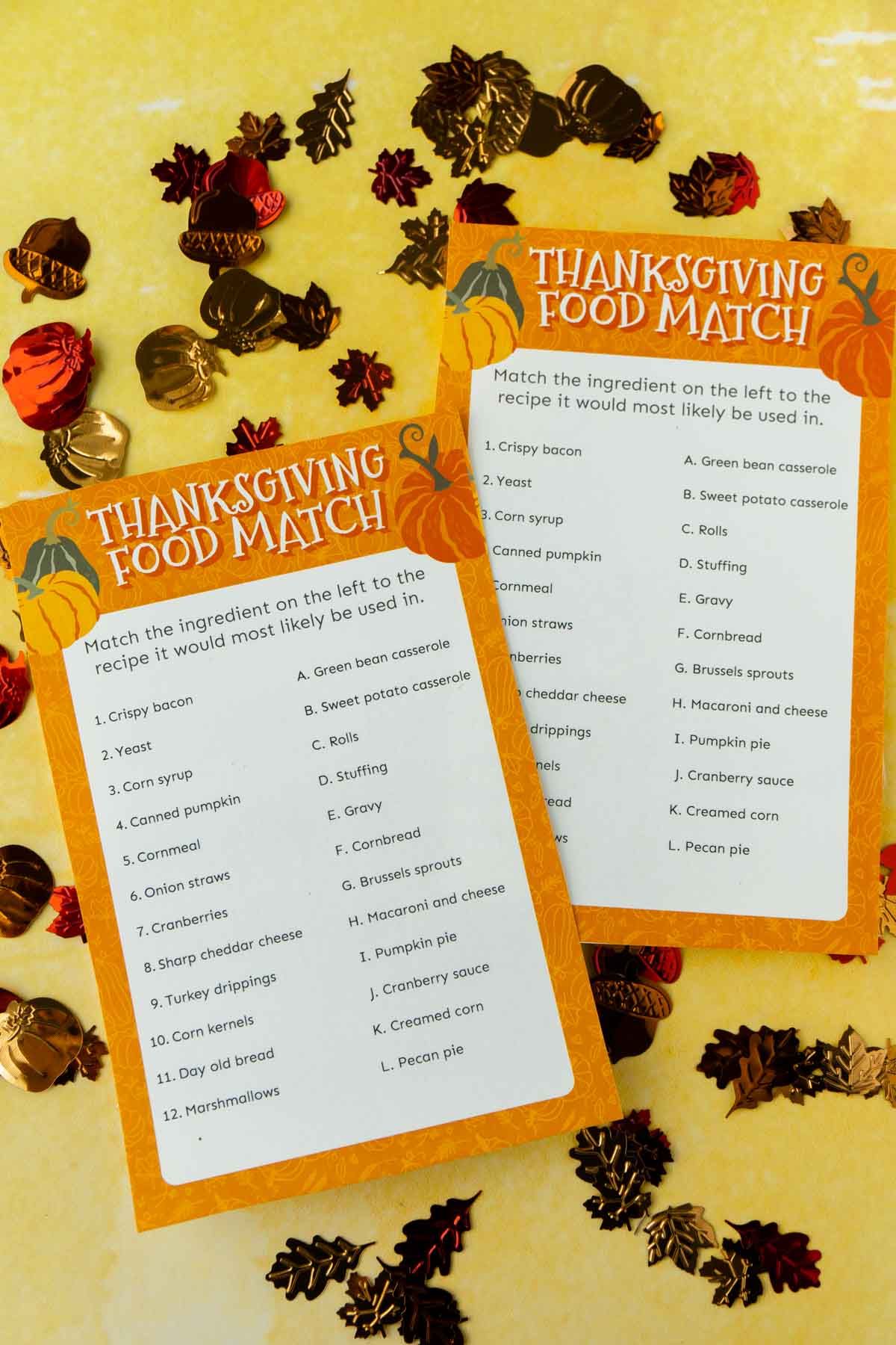 Imprès joc de correspondència de Thanksgiving amb confeti de tardor