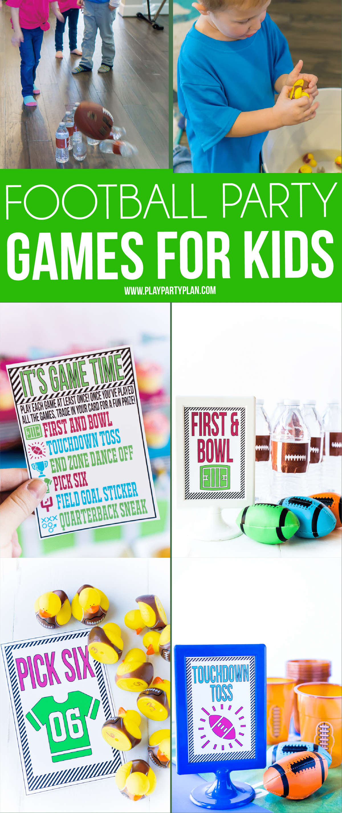 DIY fotbalové společenské hry pro děti s bezplatnými tisknutelnými instruktážními kartami! Rozhodně šest z nejlepších věcí na fotbalovém večírku, ať už je to Super Bowl nebo dětská fotbalová narozeninová oslava!