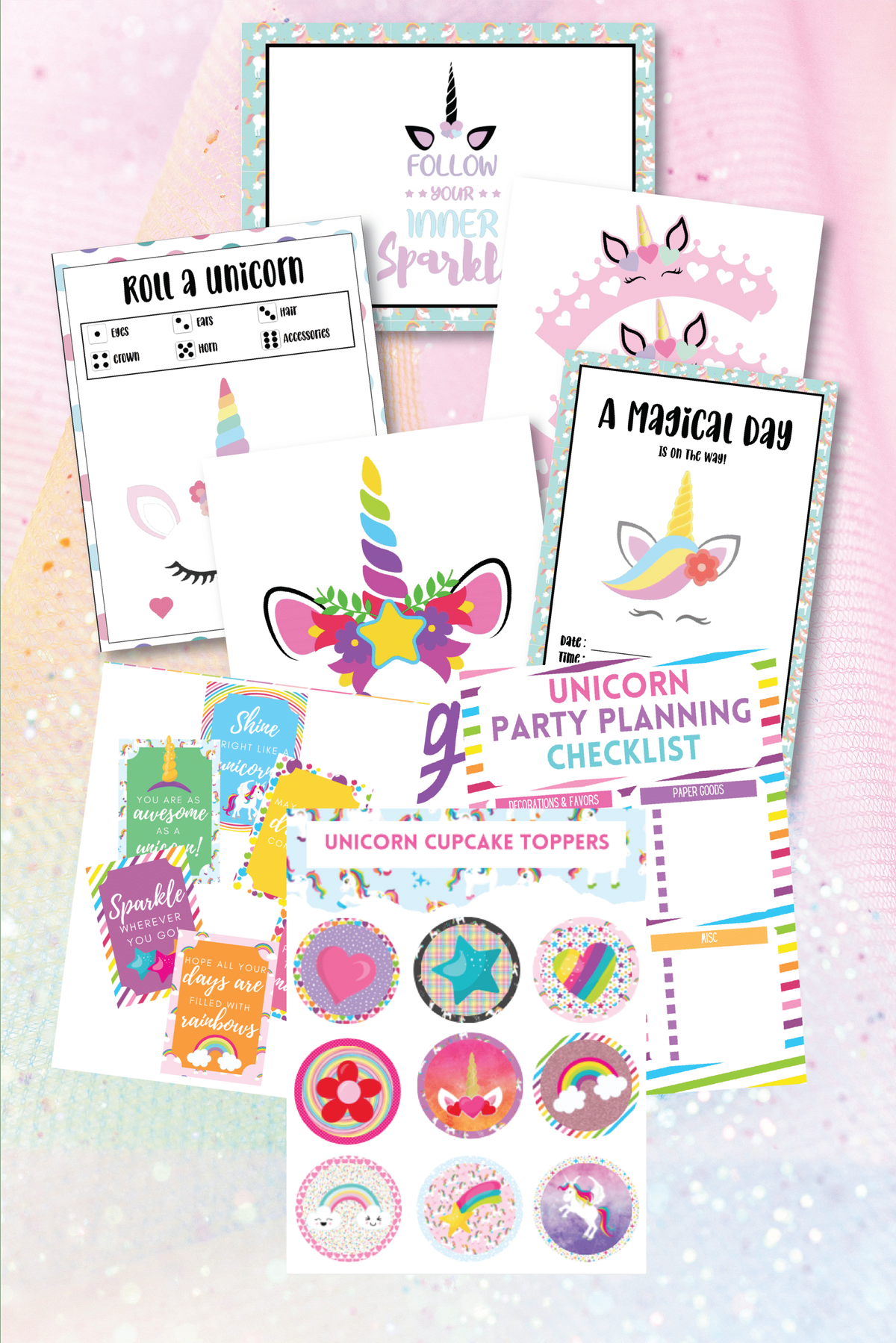 Variedad de imprimibles de fiesta de unicornio y otras imágenes