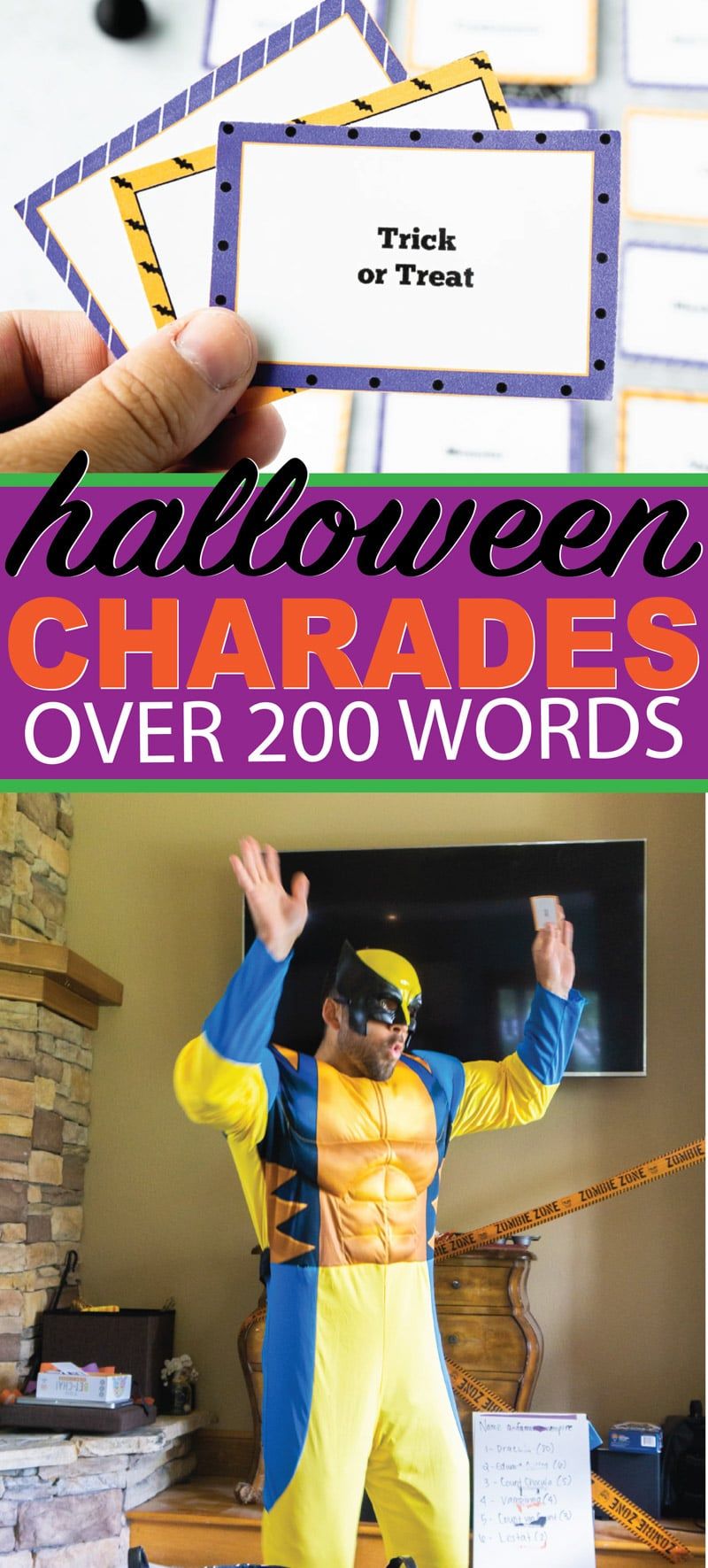 Druckbare Liste von Halloween-Scharadenwörtern für Kinder und Erwachsene! Über 100 verschiedene Wörter zum Thema Halloween, die leicht zu erraten und lustig zu spielen sind! Alles von Halloween-Filmen bis hin zu normalen Worten für eine Klassenparty!