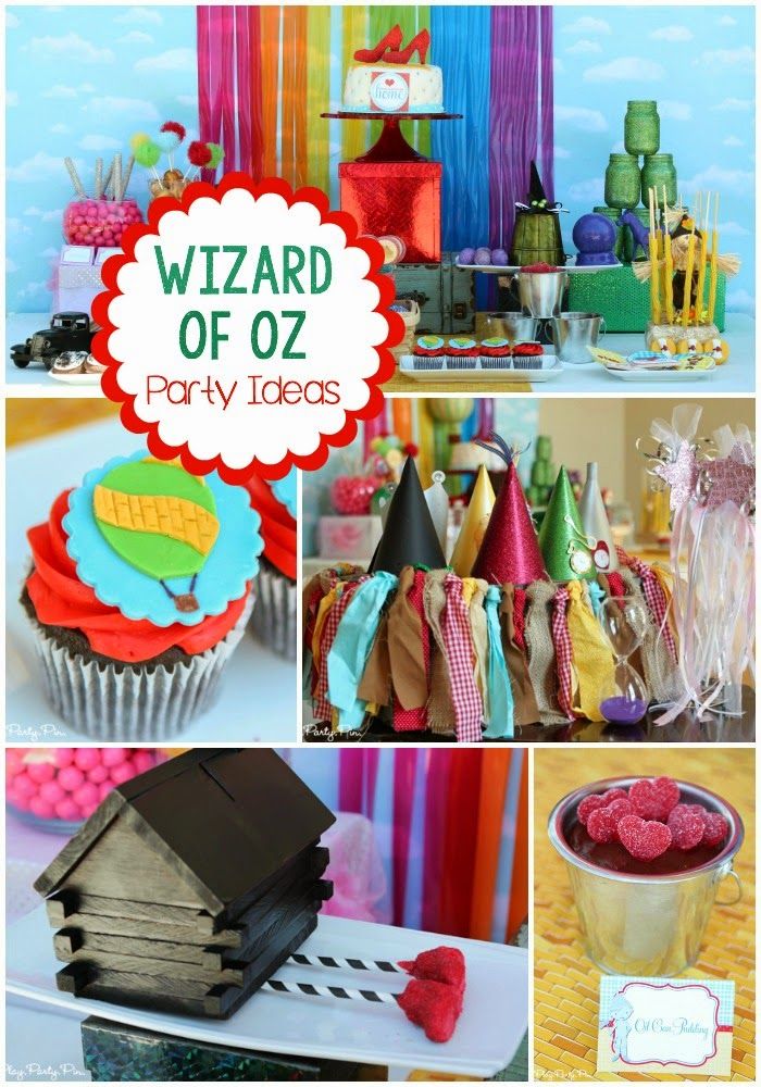 Wizard of Oz Party Ideas od playpartyplan.com, včetně těch nejkreativnějších nápadů, jako je kukuřičné pole vyrobené z lékořice a rubínově červené pantofle!