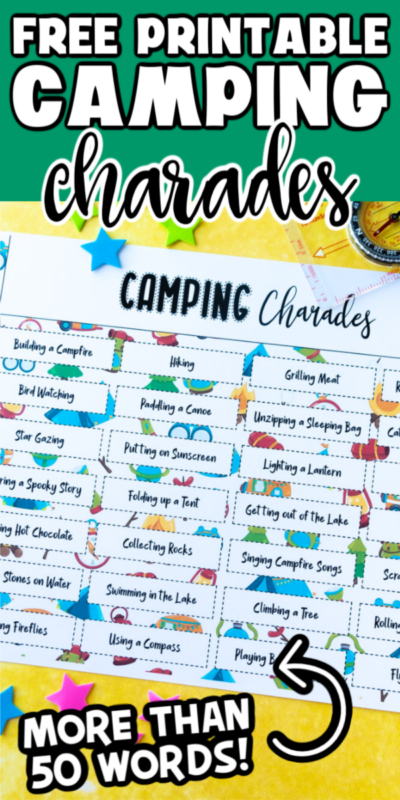 Παίξτε κάμπινγκ charades ή pictionary για να προσθέσετε ένα στοιχείο διασκέδασης σε κάμπινγκ ή κάμπινγκ πάρτι γενεθλίων! Πάνω από 50 λέξεις με στρατόπεδο για δράση!