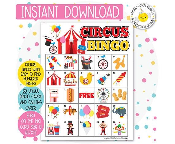 Joc de bingo de circ imprimible per a una festa de circ