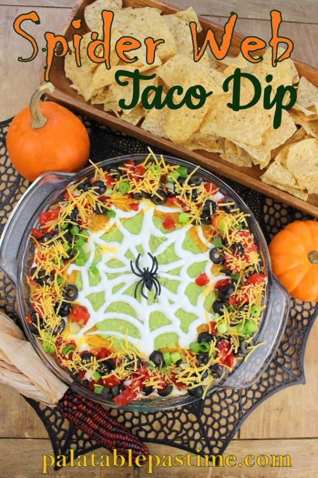 Spider web taco dip a ďalšie nápady na jedlo na Halloweenskej párty