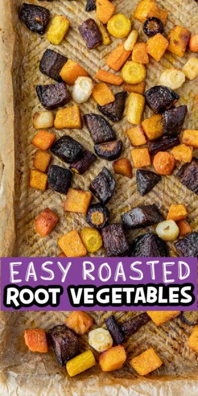 Verduras de raíz asadas en una bandeja con texto para Pinterest