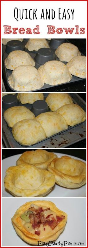 Un collage de imágenes que muestran cómo hacer tazones de pan con galletas.