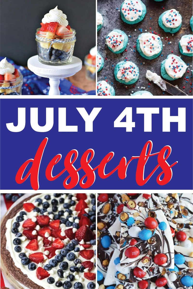Szórakoztató és könnyű július 4-i desszertek! Rengeteg nagyszerű ötlet, beleértve süteményt, cupcakes-t, sütési lehetőségeket, gyümölcspizzát, sütiket és még sok mást! Ötletek gyerekeknek, tömegnek és családi partinak!