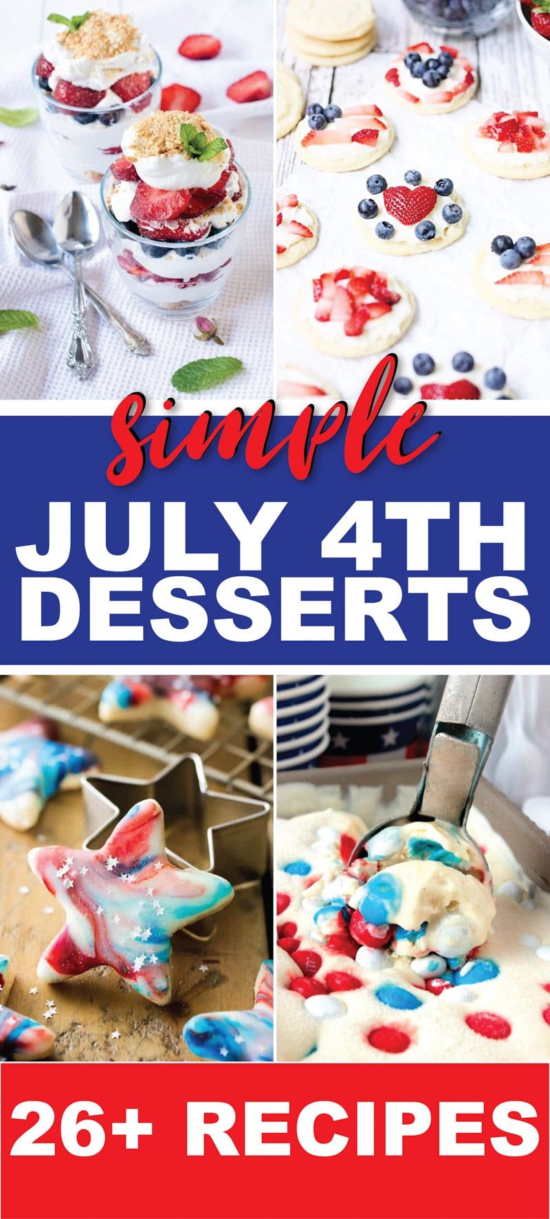 Postres fàcils i divertits del 4 de juliol! Un munt d’idees fantàstiques com ara pastissos, pastissos, opcions sense forn, pizza amb fruites, galetes i molt més. Idees per a nens, per a una multitud i per a una festa familiar.