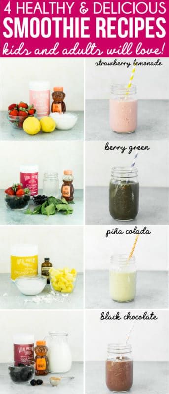 Koláž obrázků zdravých smoothie receptů a jejich ingrediencí