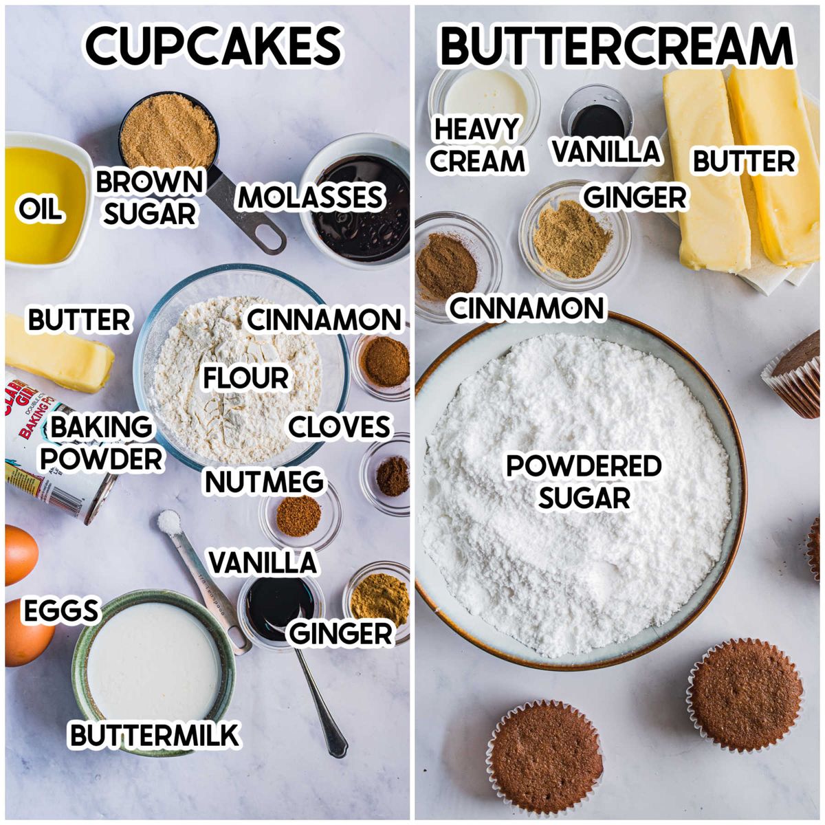 Ingredientes para cupcakes de jengibre con etiquetas
