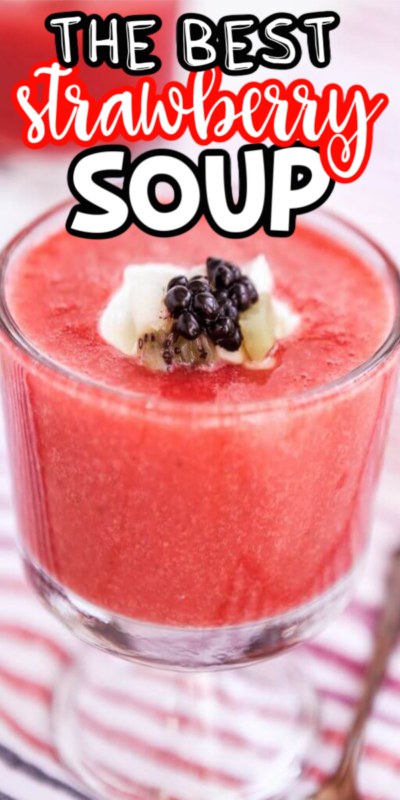 Pinterest के लिए पाठ के साथ स्ट्रॉबेरी सूप का कटोरा