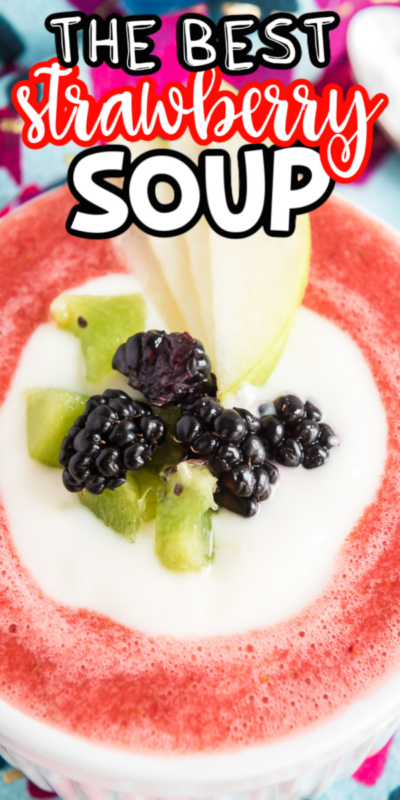 Tazón de sopa de fresa con texto para Pinterest