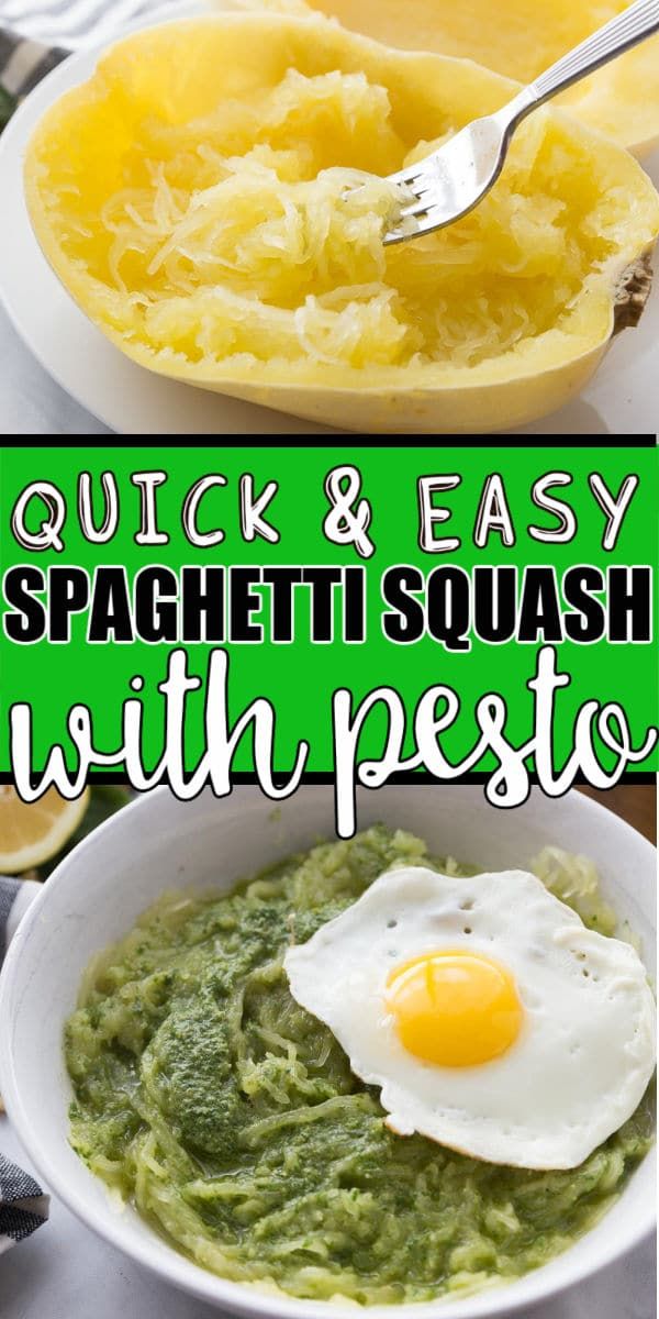 Un bol de carbassa d’espaguetis amb pesto i text per a Pinterest