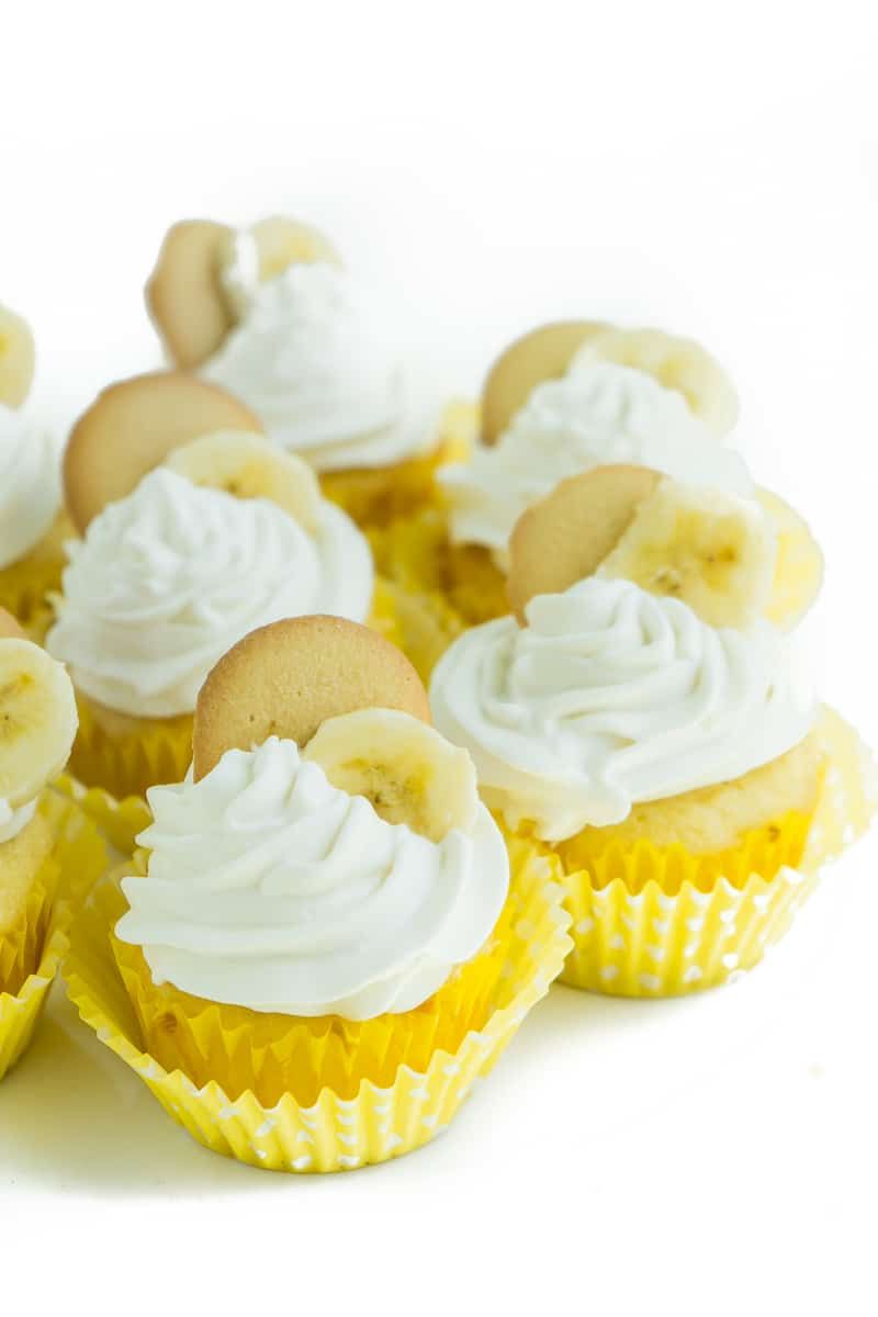 Έξι πουτίγκα μπανανών cupcakes σε ένα άσπρο πιάτο