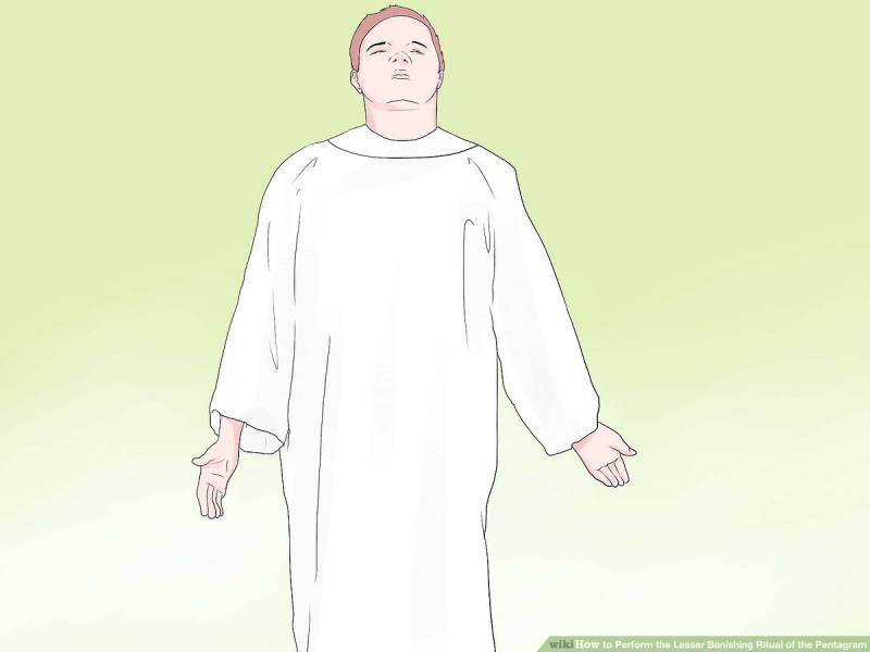   Digital illustration of a man wearing a white robe while doing a ritual