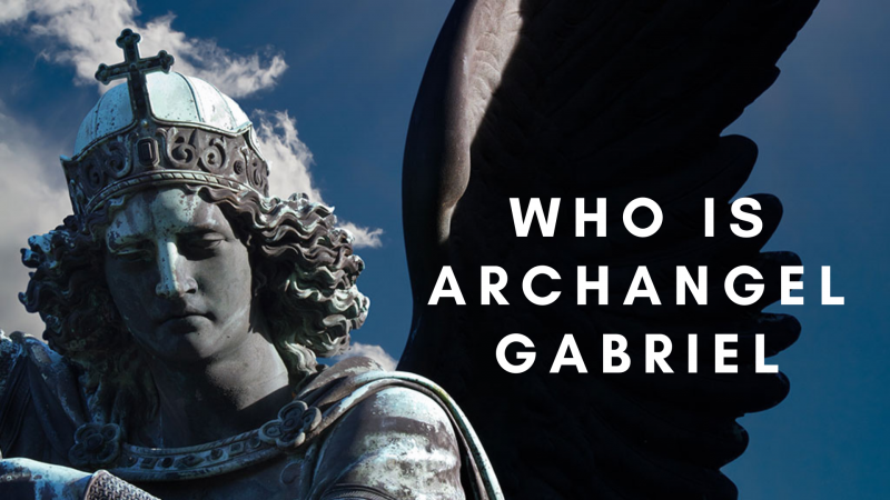   Socha archanděla Gabriela se slovy Kdo je archanděl Gabriel