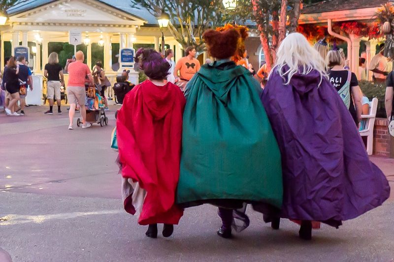 Ženy oblečené ako Hocus Pocus čarodejnice u Mickeyho
