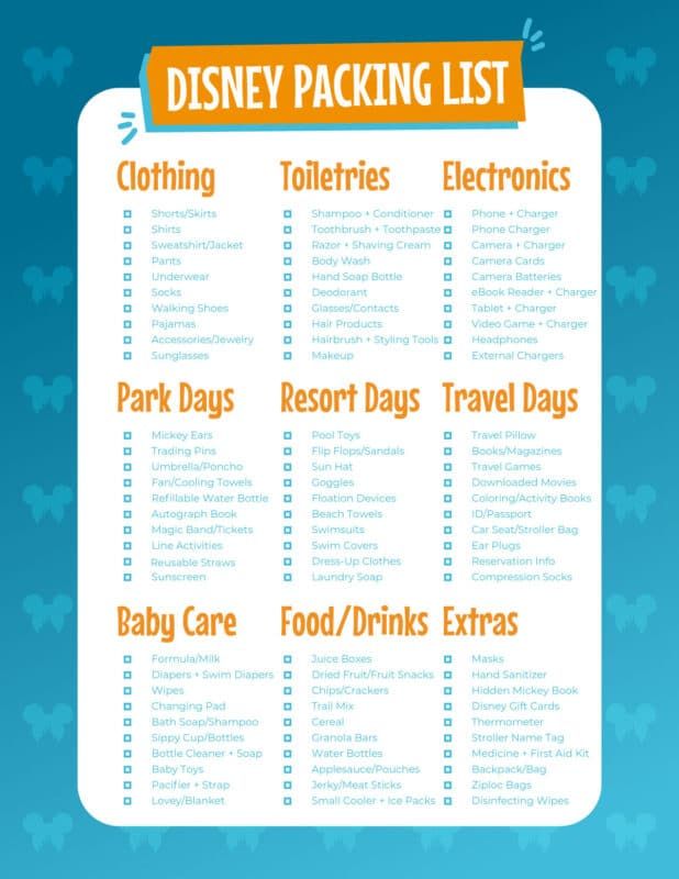 Lista de embalagem da Disney com fundo azul